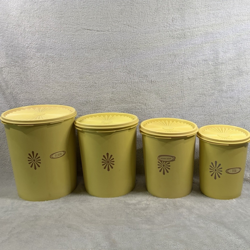 Vintage 1970s Tupperware Servalier Canister Set 4 Harvest Gold Sunburst Lids